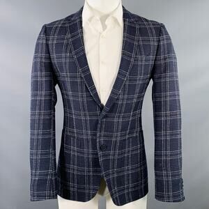 HUGO BOSS Size 40 Navy White Plaid Virgin Wool Blend Sport Coat